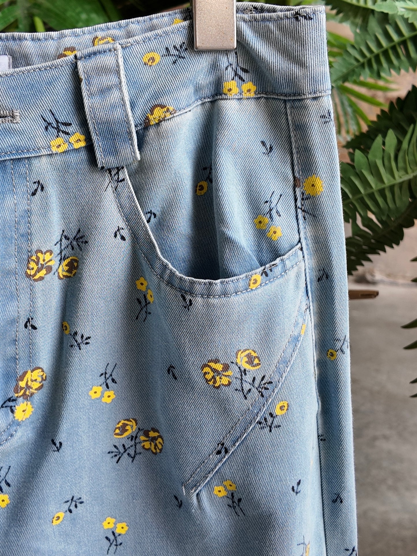 Floral Denim Wide-Leg Trousers in Sky Blue