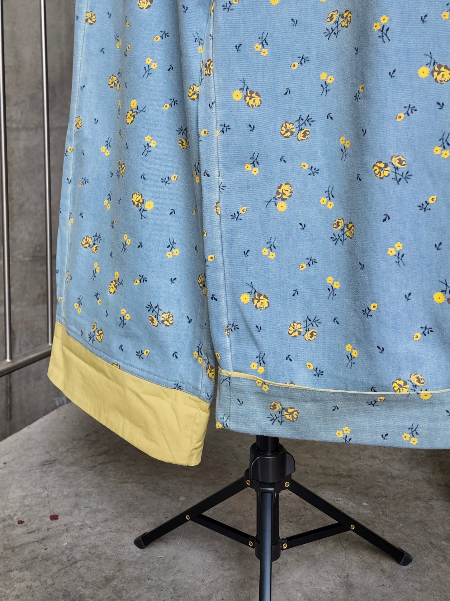 Floral Denim Wide-Leg Trousers in Sky Blue