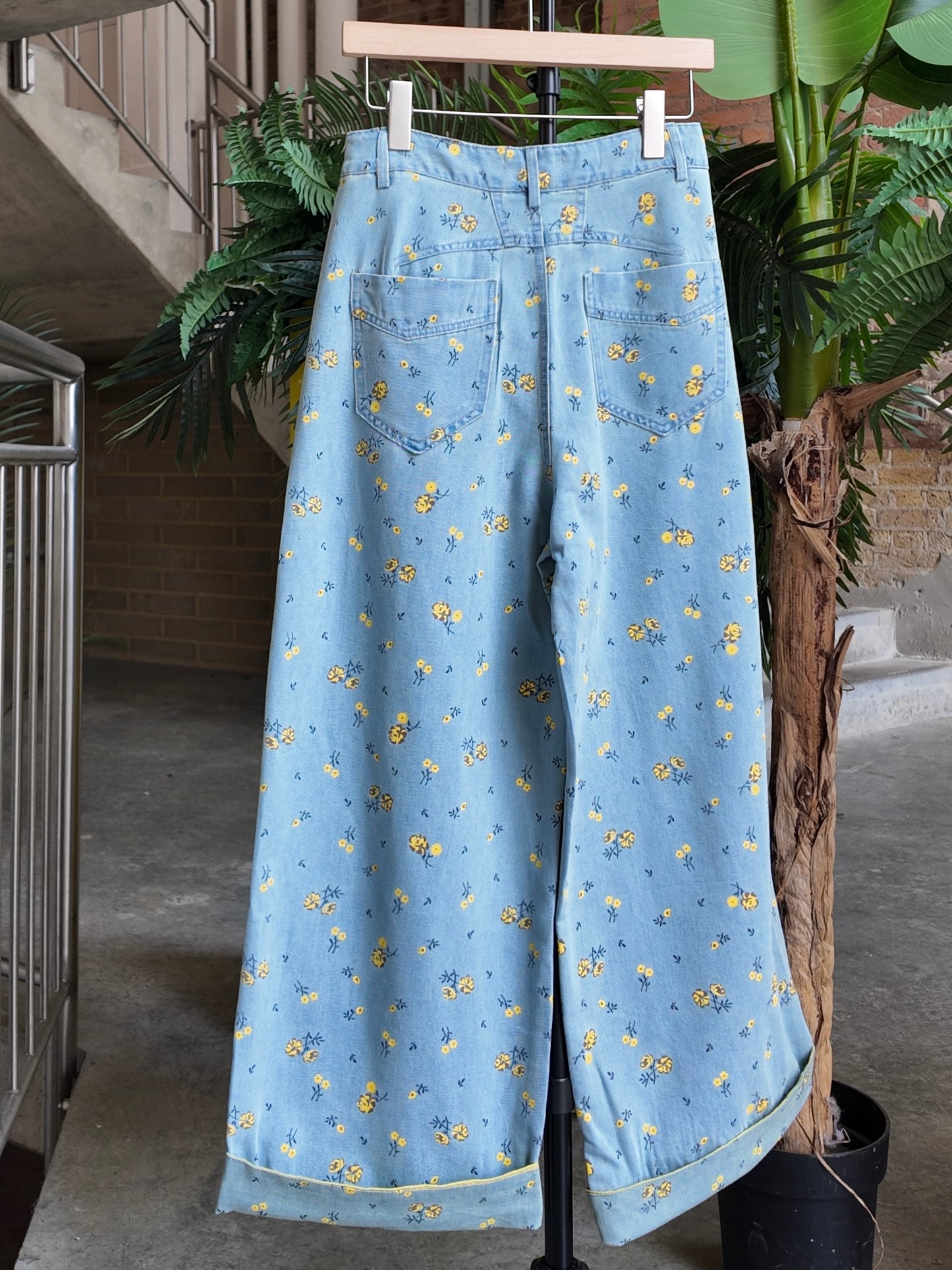 Floral Denim Wide-Leg Trousers in Sky Blue