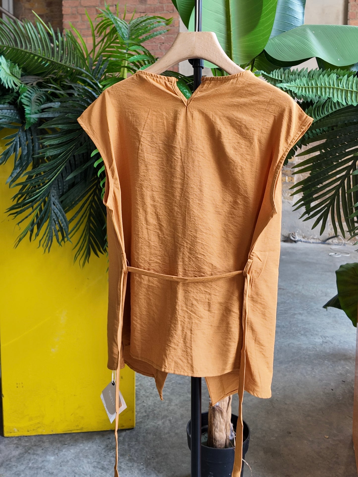 Crinkled Cotton Tie Tunic in Ochre