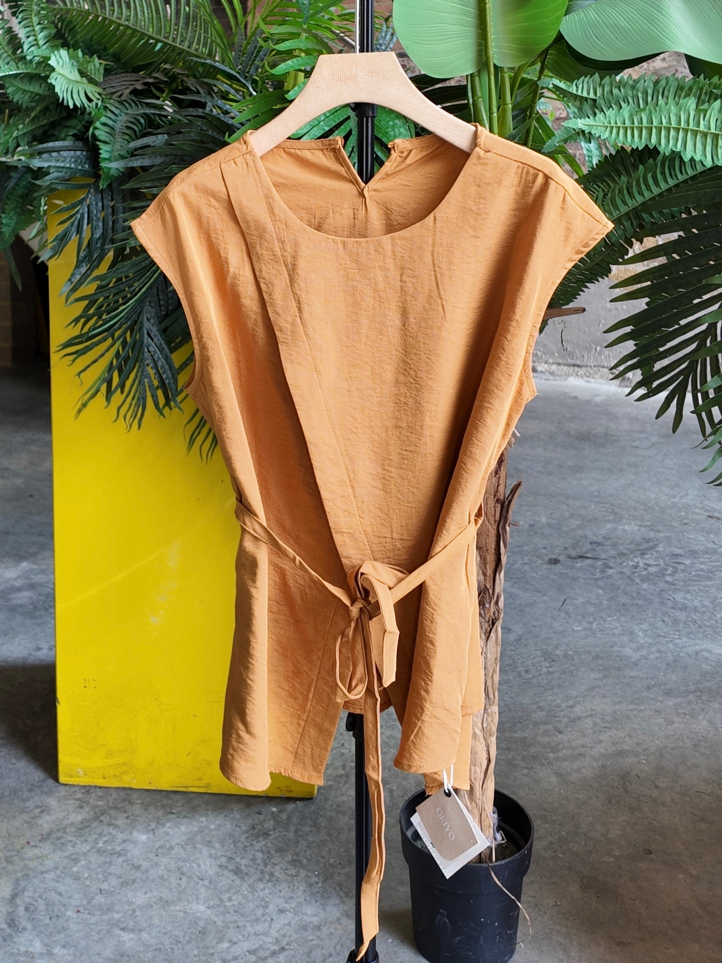 Crinkled Cotton Tie Tunic in Ochre