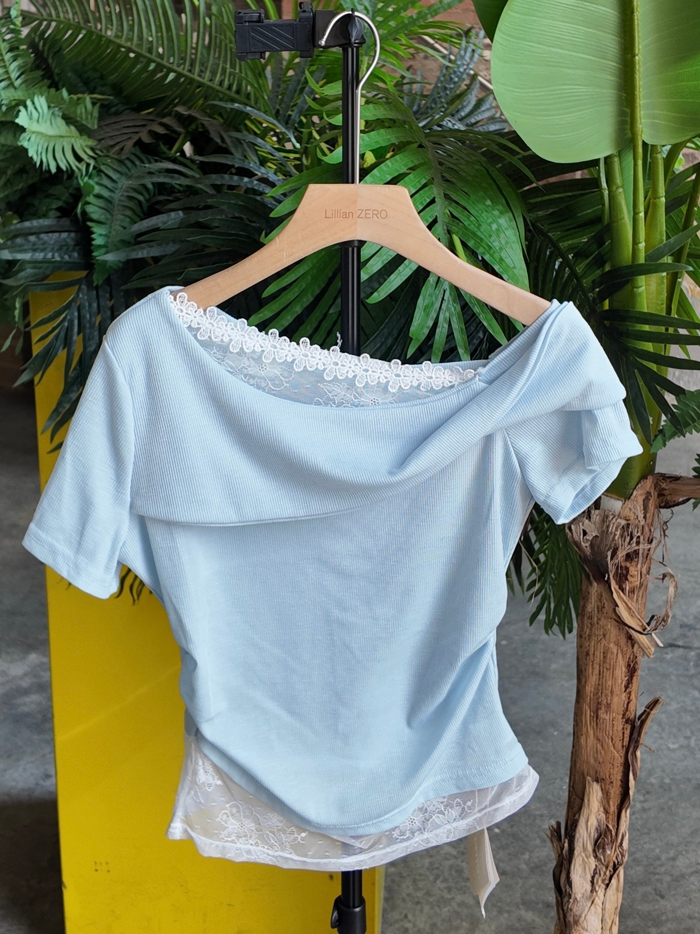 Asymmetric Ribbed Tee in Sky Blue