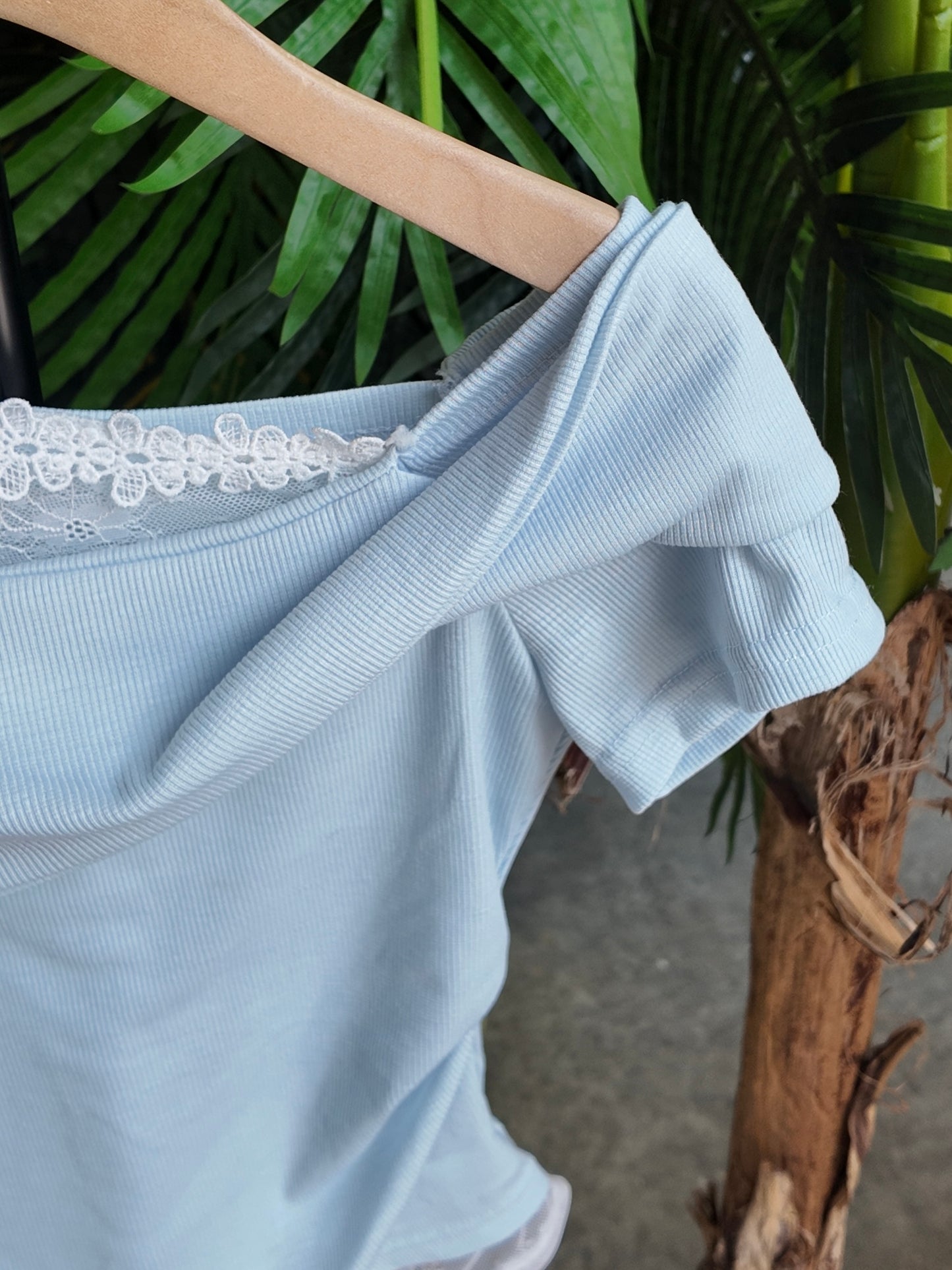 Asymmetric Ribbed Tee in Sky Blue