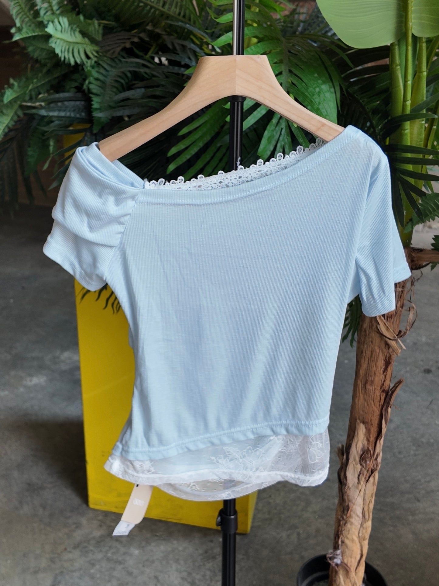 Asymmetric Ribbed Tee in Sky Blue