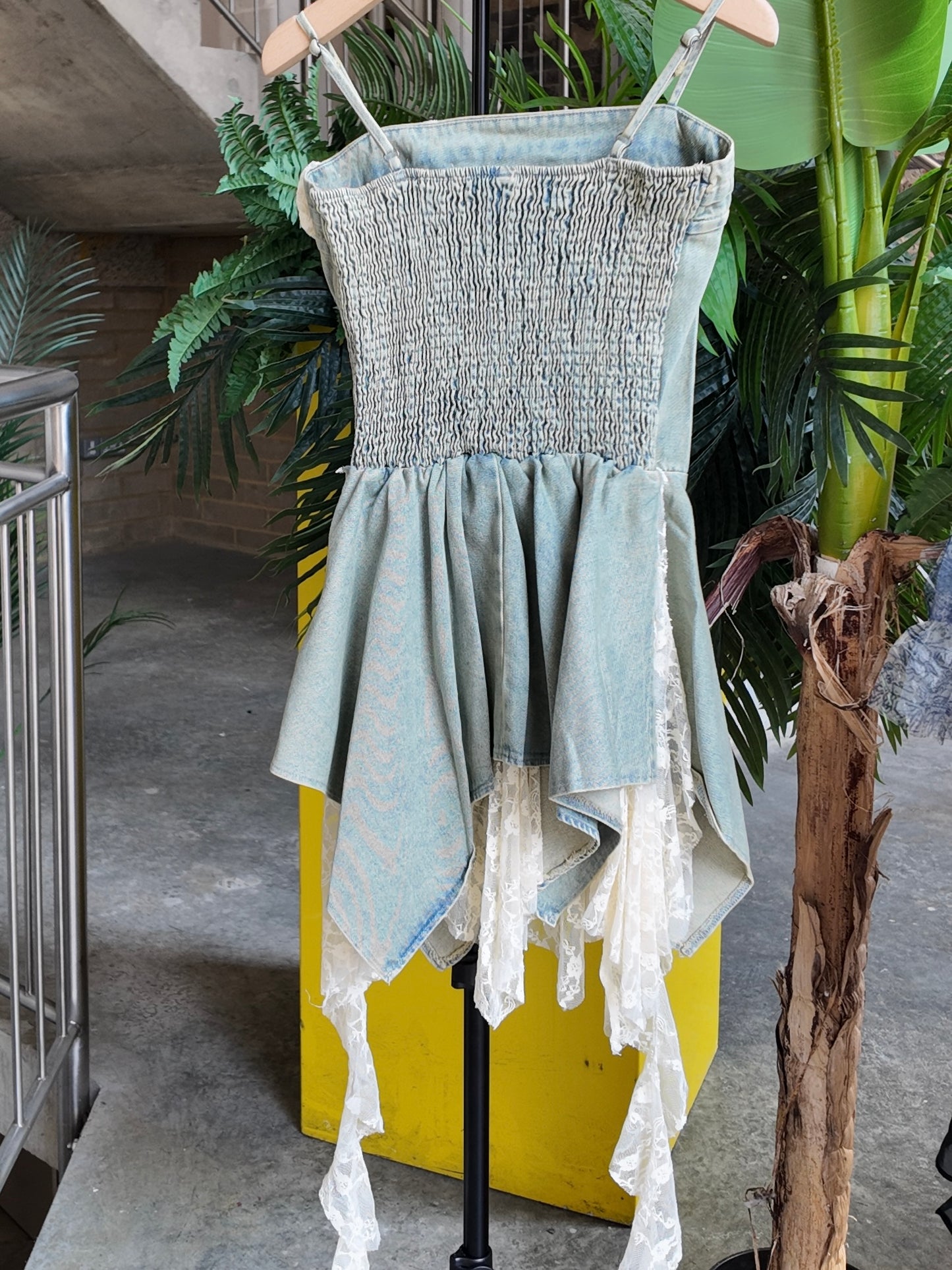 Lace-Trim Denim Dress in Washed Blue
