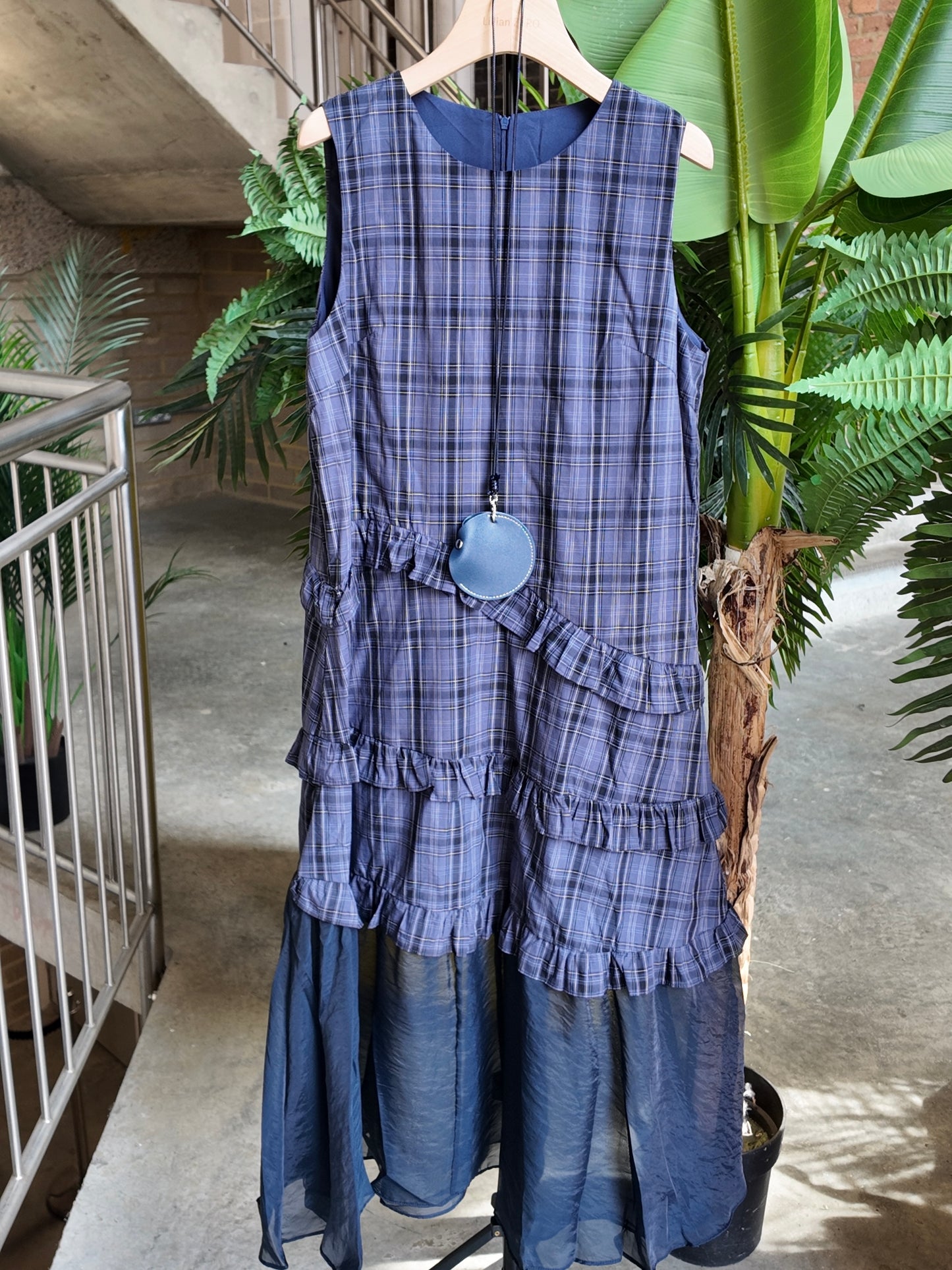 Ruffled Plaid Midi Dress in Navy