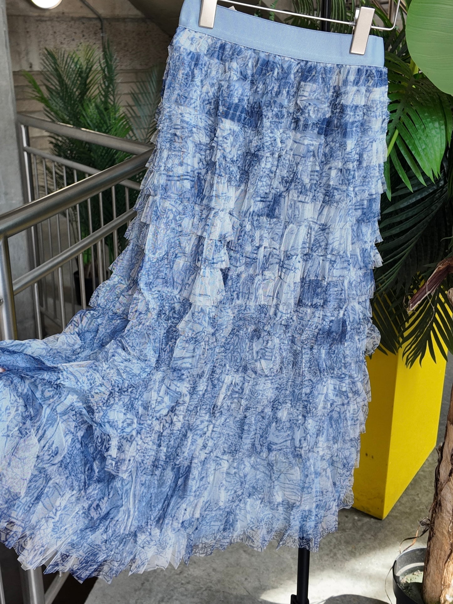 Toile Ruffle Mesh Skirt in Blue