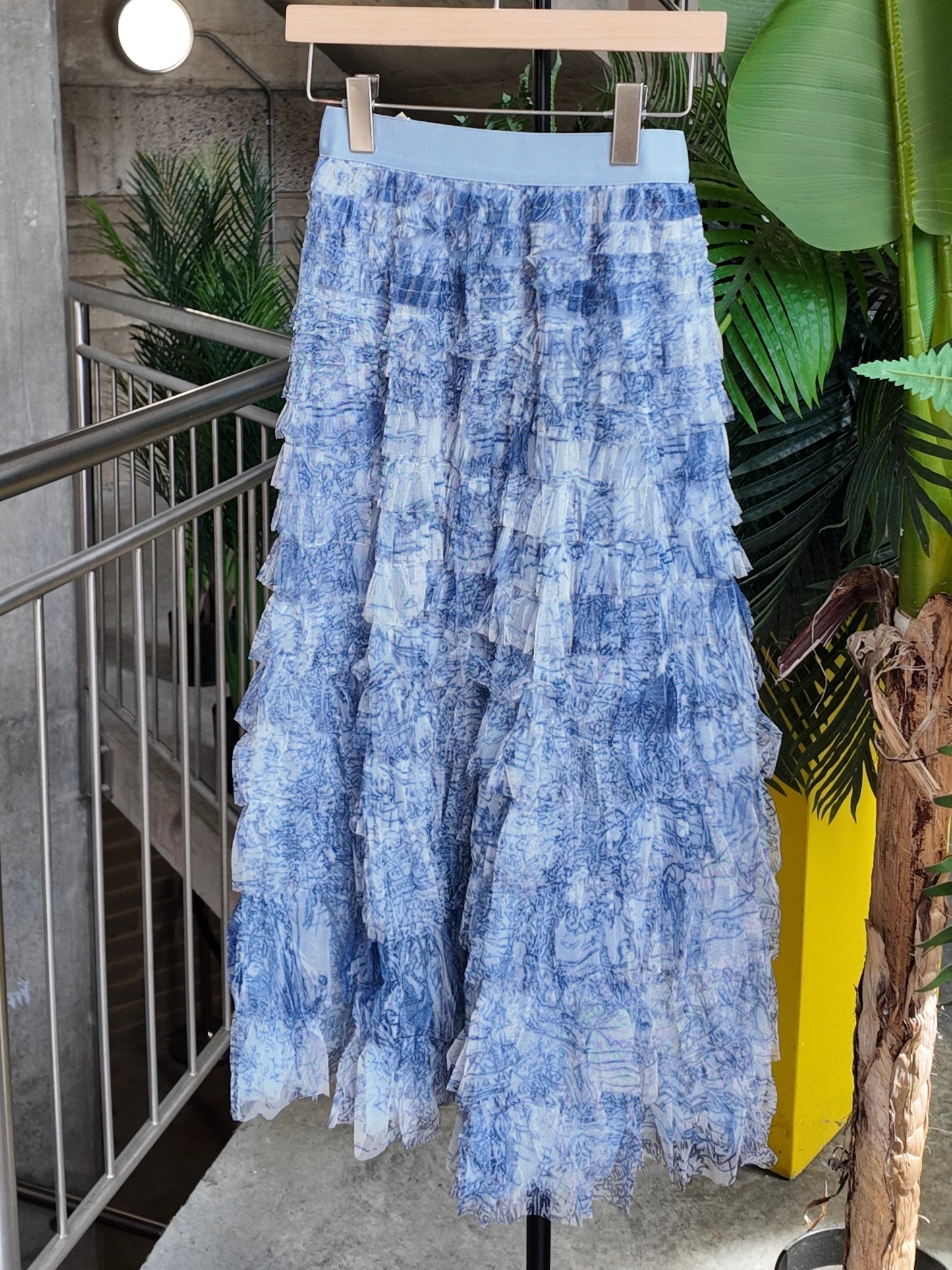 Toile Ruffle Mesh Skirt in Blue