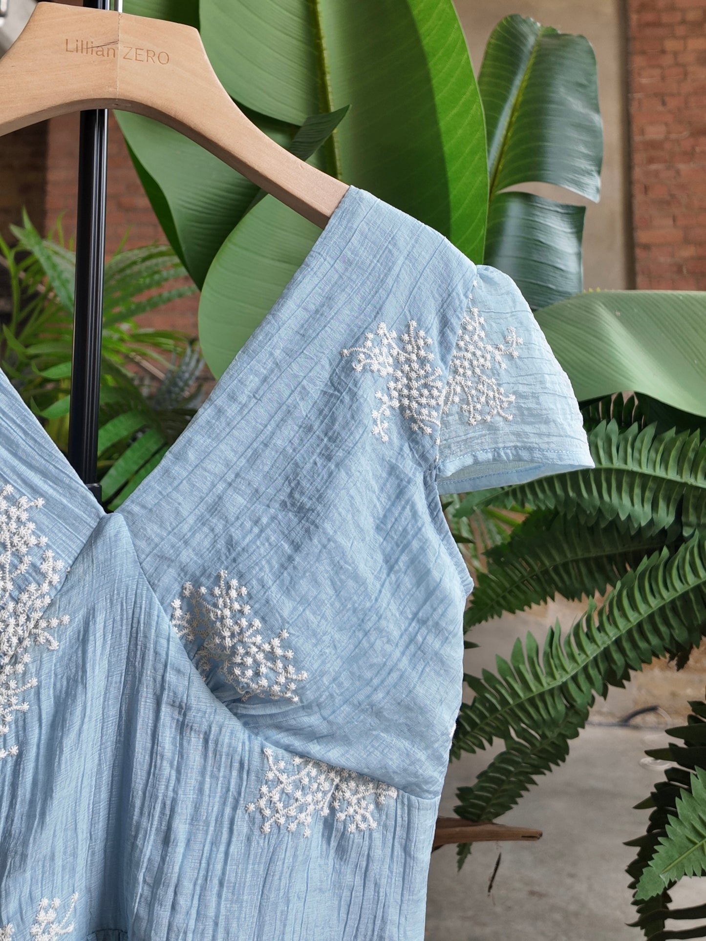 Embroidered Meadow Dress in Sky Blue
