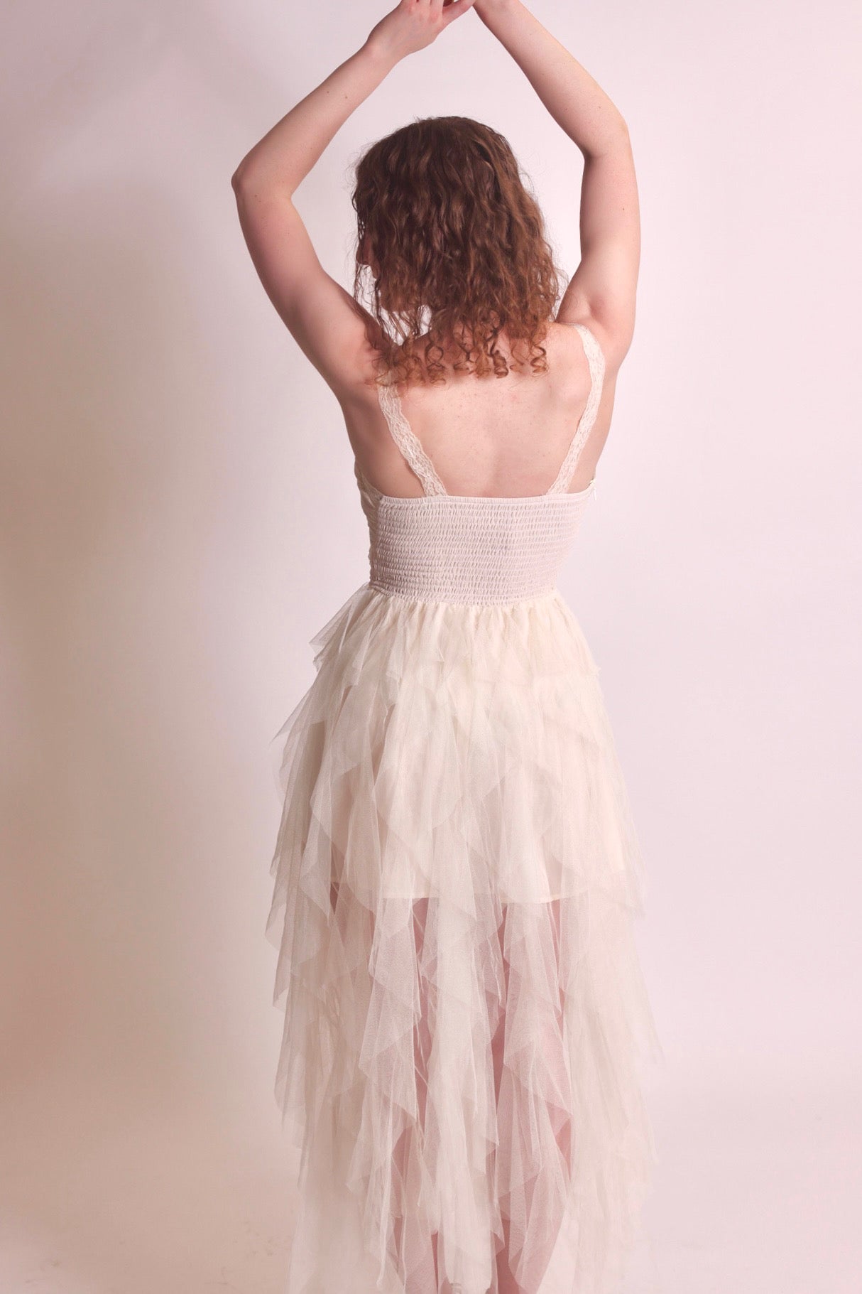Lace-Trimmed Tulle Midi Dress in Cream