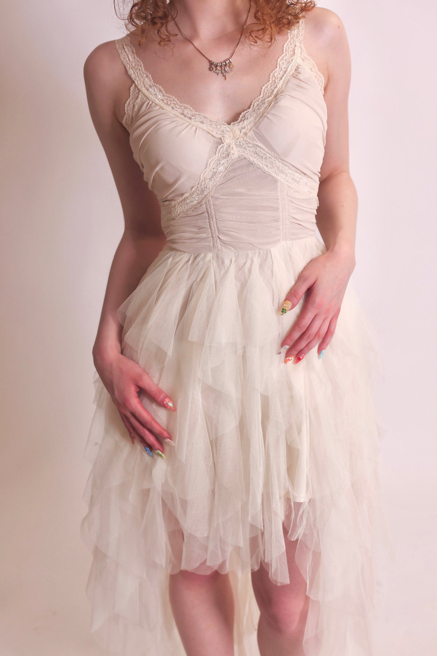 Lace-Trimmed Tulle Midi Dress in Cream