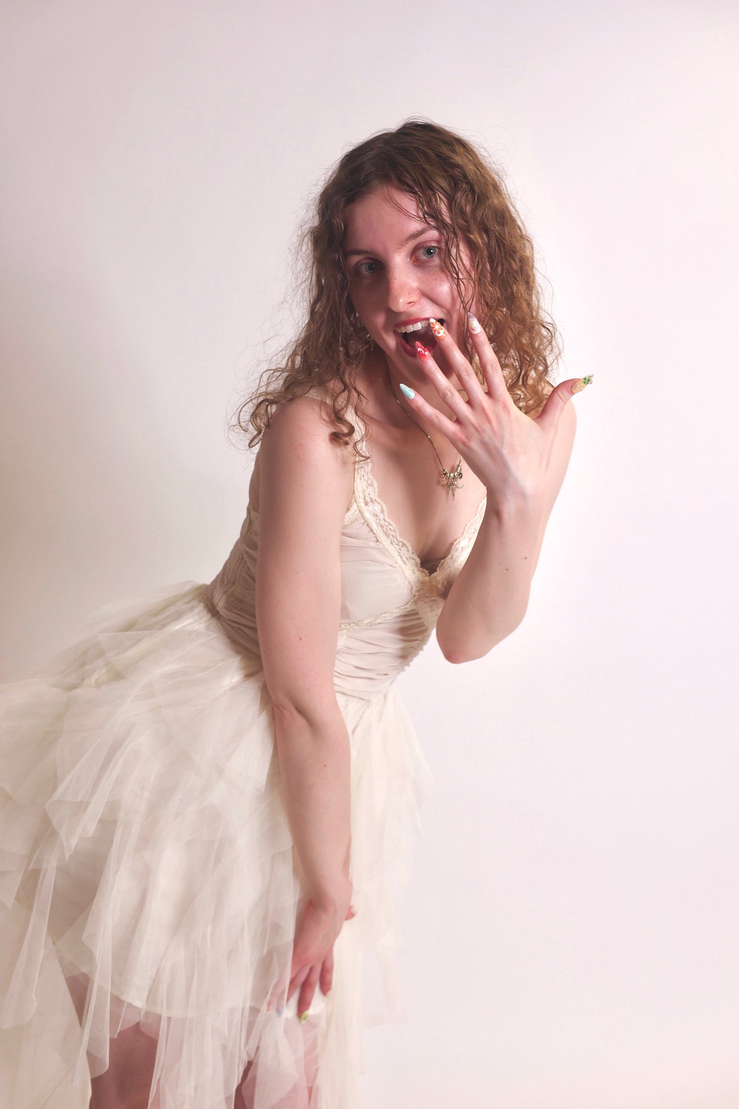 Lace-Trimmed Tulle Midi Dress in Cream