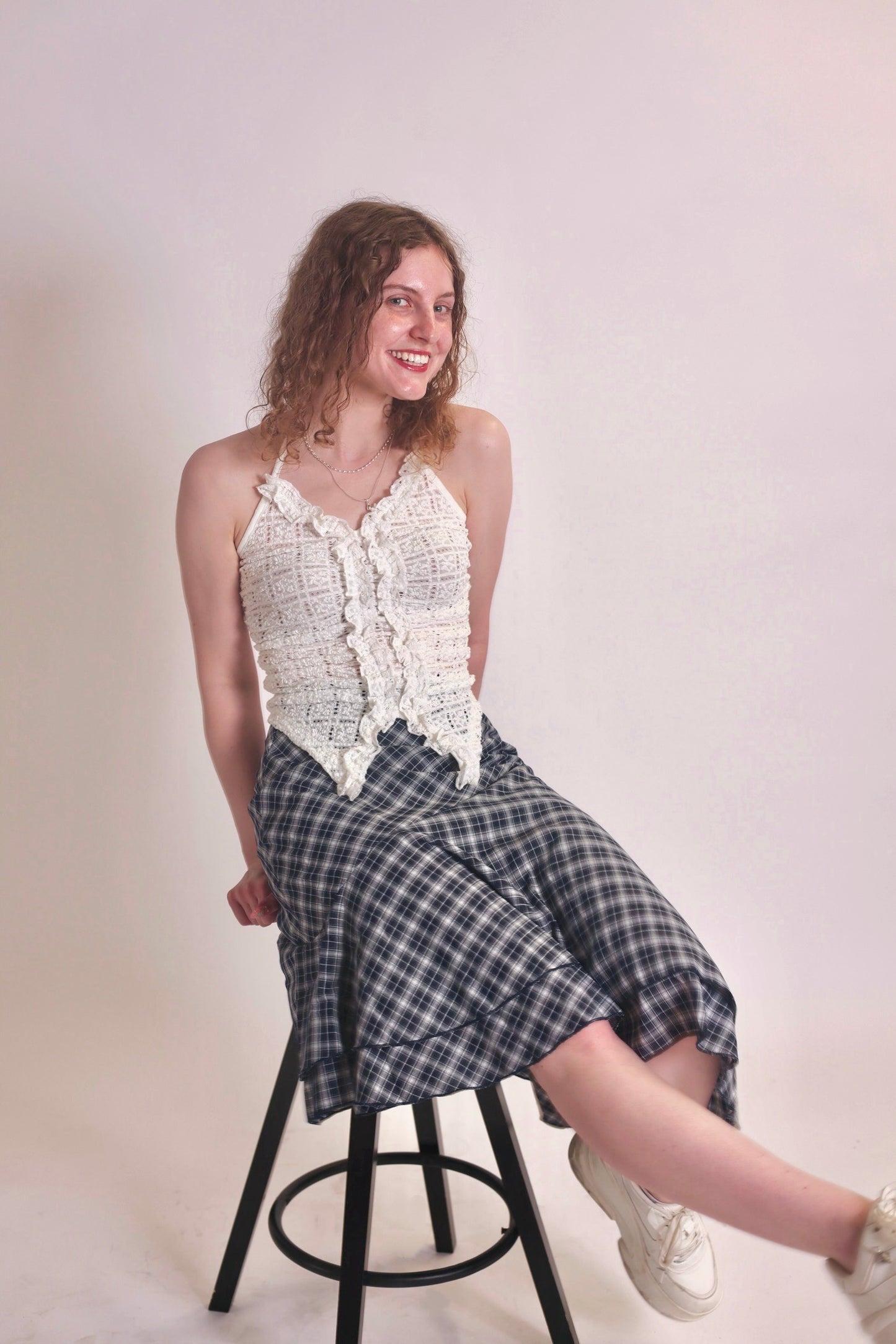 Plaid Asymmetric Midi Skirt in Navy Plaid