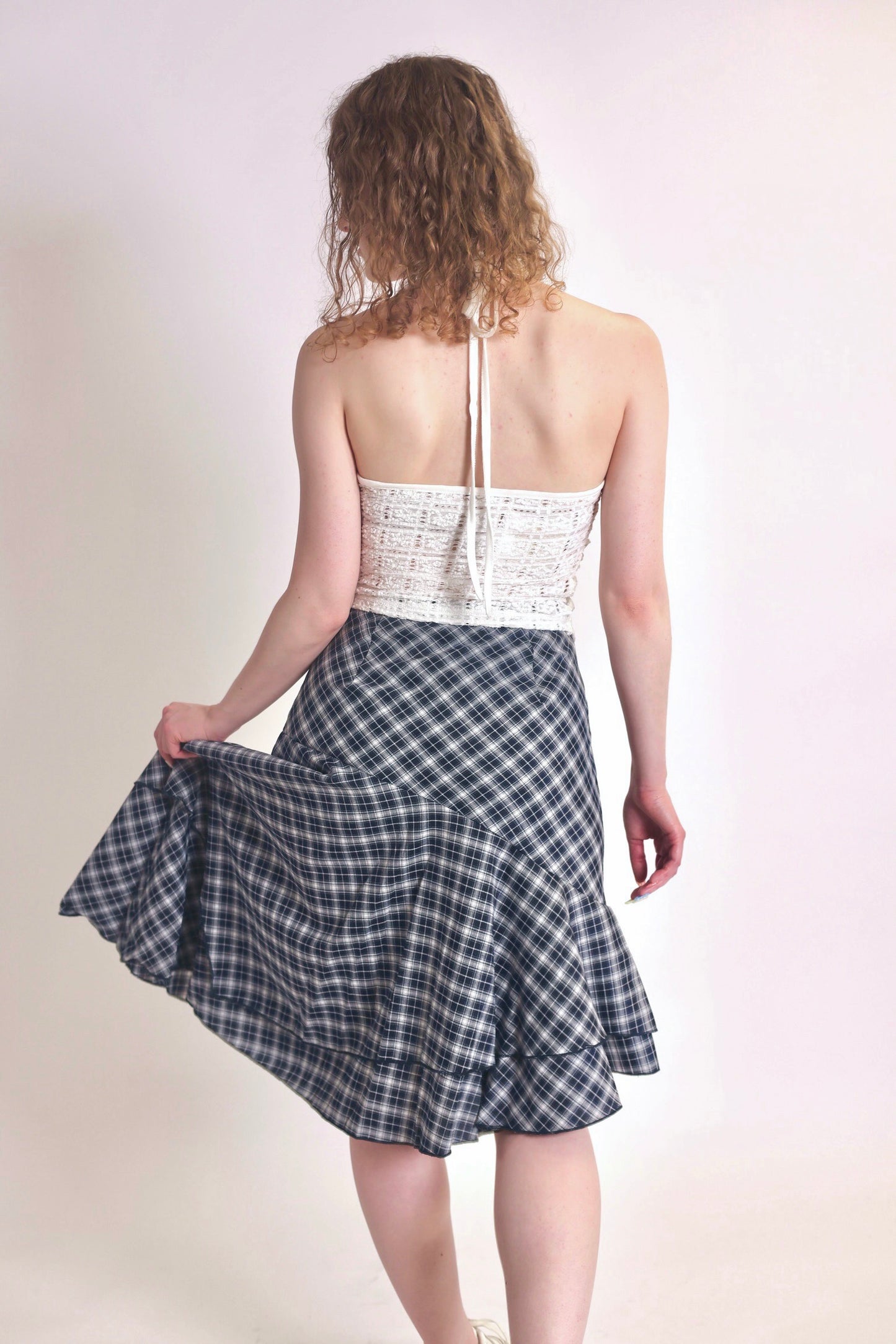 Plaid Asymmetric Midi Skirt in Navy Plaid