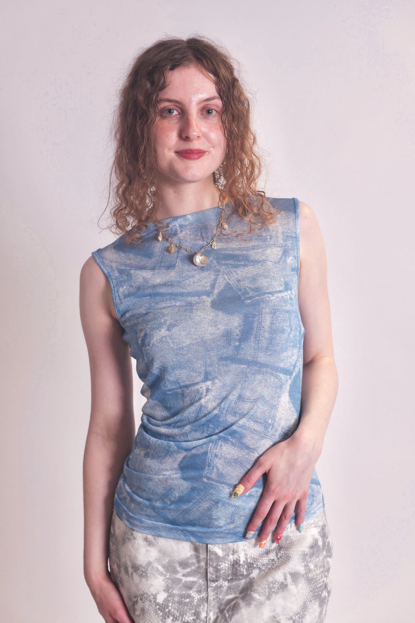 Distressed Mesh Tank Top in Washed Blue