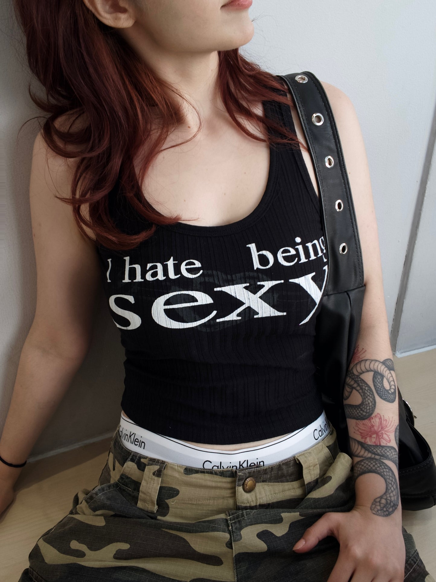 'I hate being sexy' Ribbed Graphic Tank Top in Black