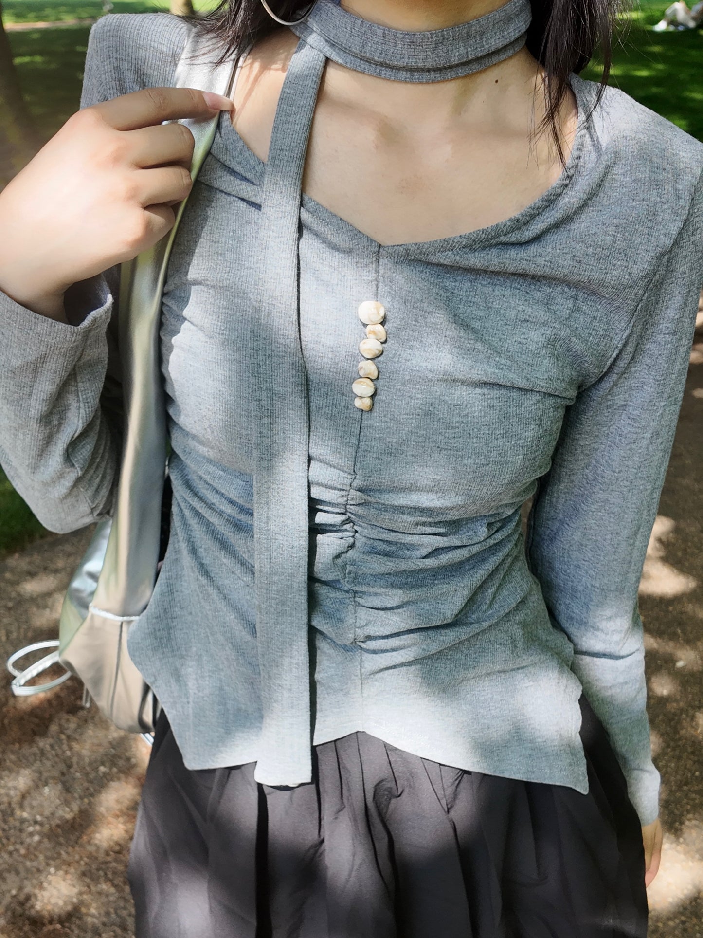 Grey Ruched Scarf Top