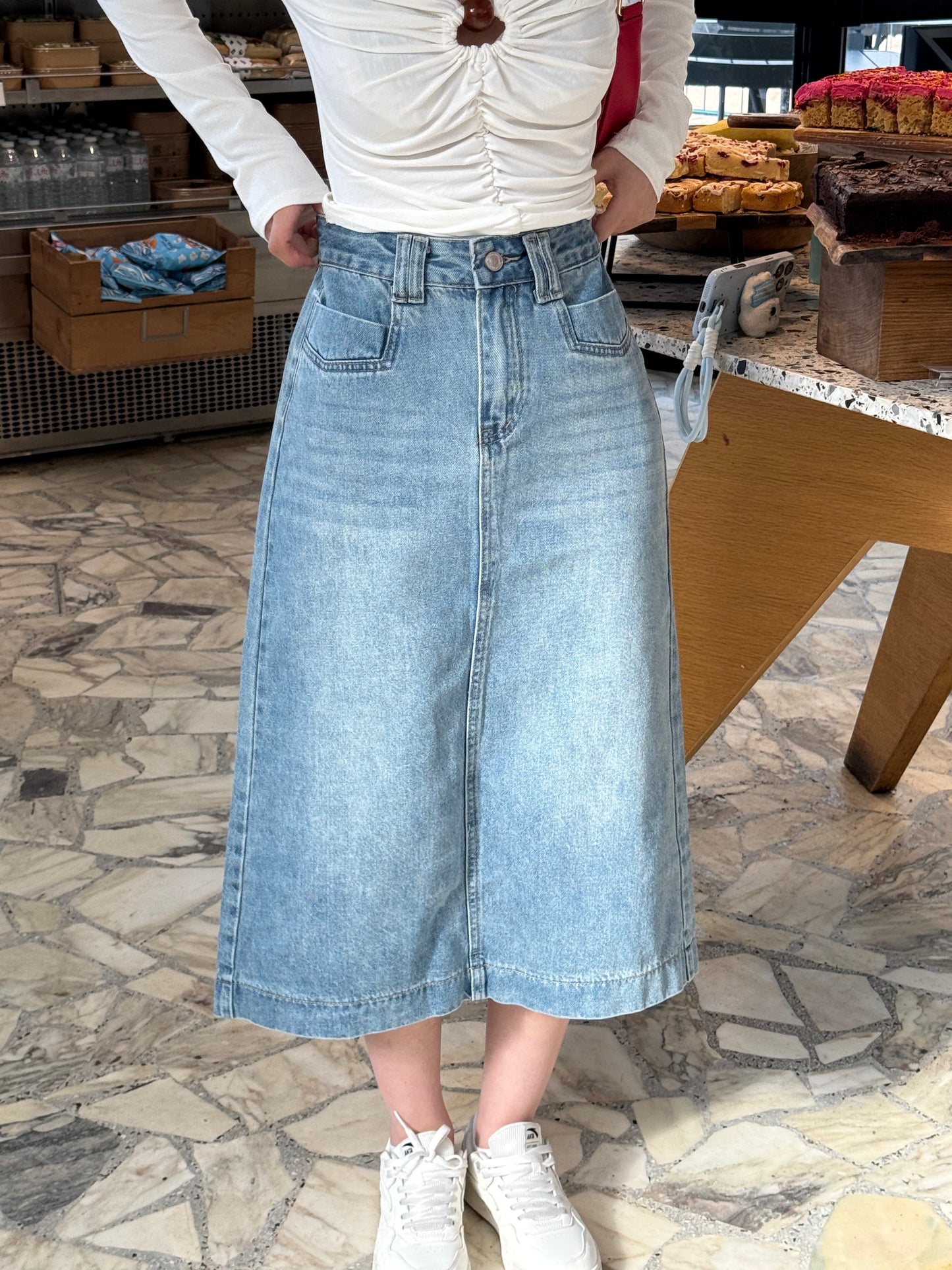 Classic A-Line Denim Midi Skirt
