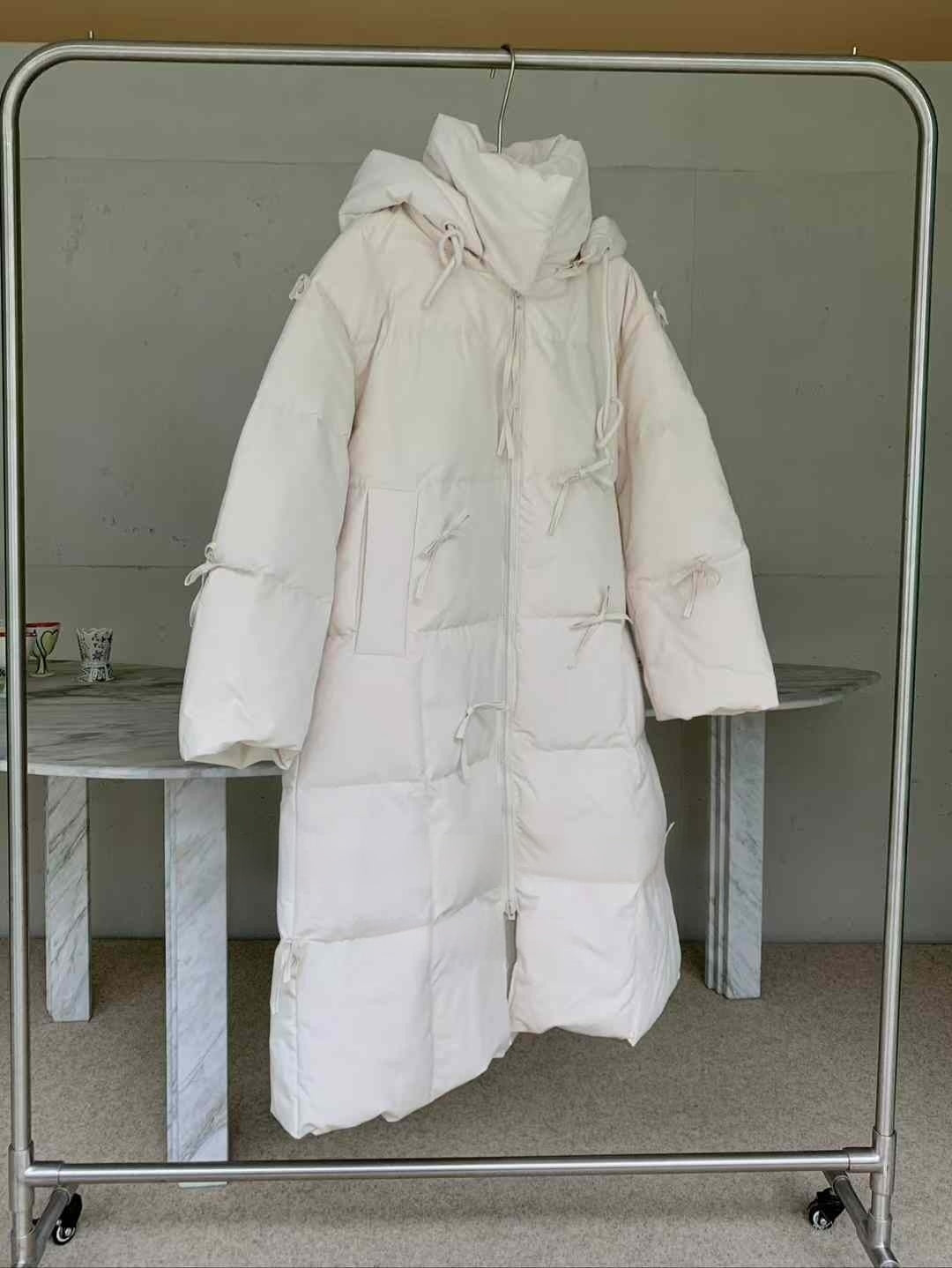 Bow Long White Down Jacket