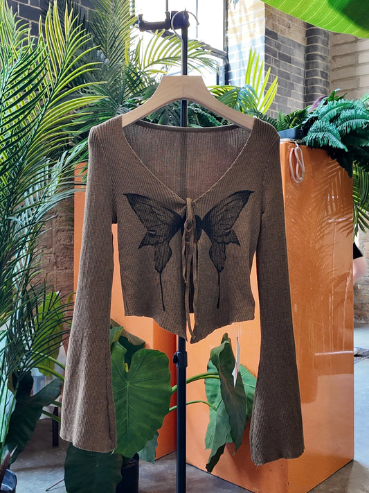 Ribbed Butterfly Tie Top in Mocha