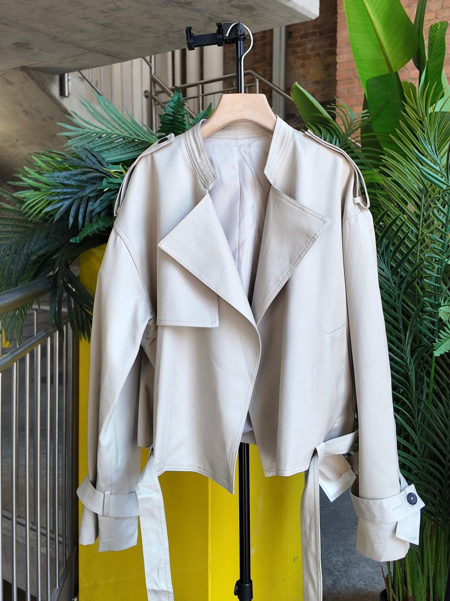 Belted Cropped Jacket in Stone Beige