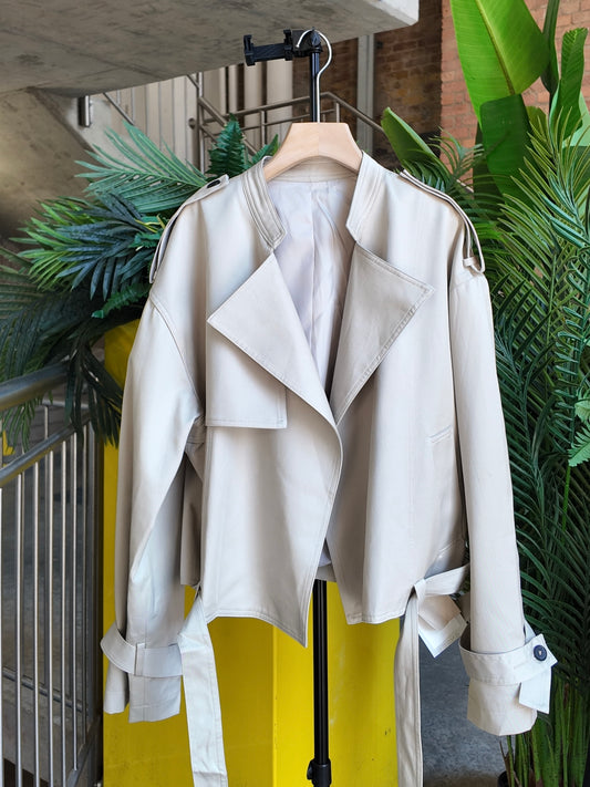Belted Cropped Jacket in Stone Beige