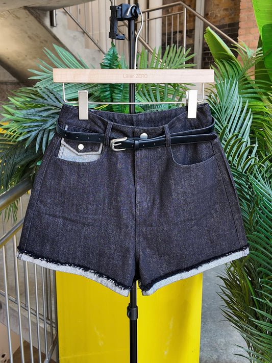 Raw Hem Denim Shorts in Ink Black