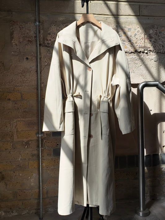 Drawstring Twill Trench Coat in Cream