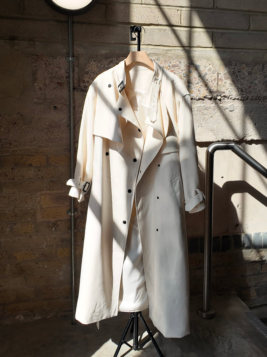 Adjustable Twill Trench Coat in Cream