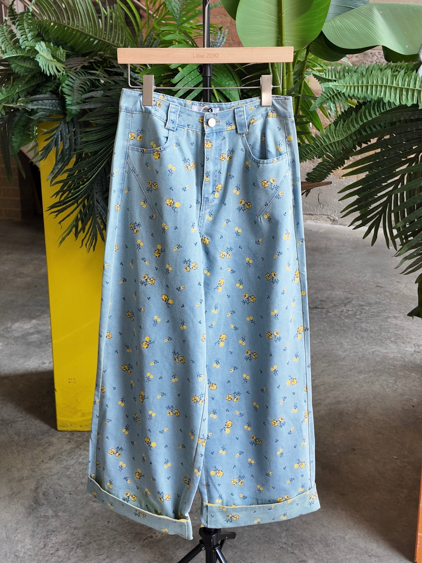 Floral Denim Wide-Leg Trousers in Sky Blue