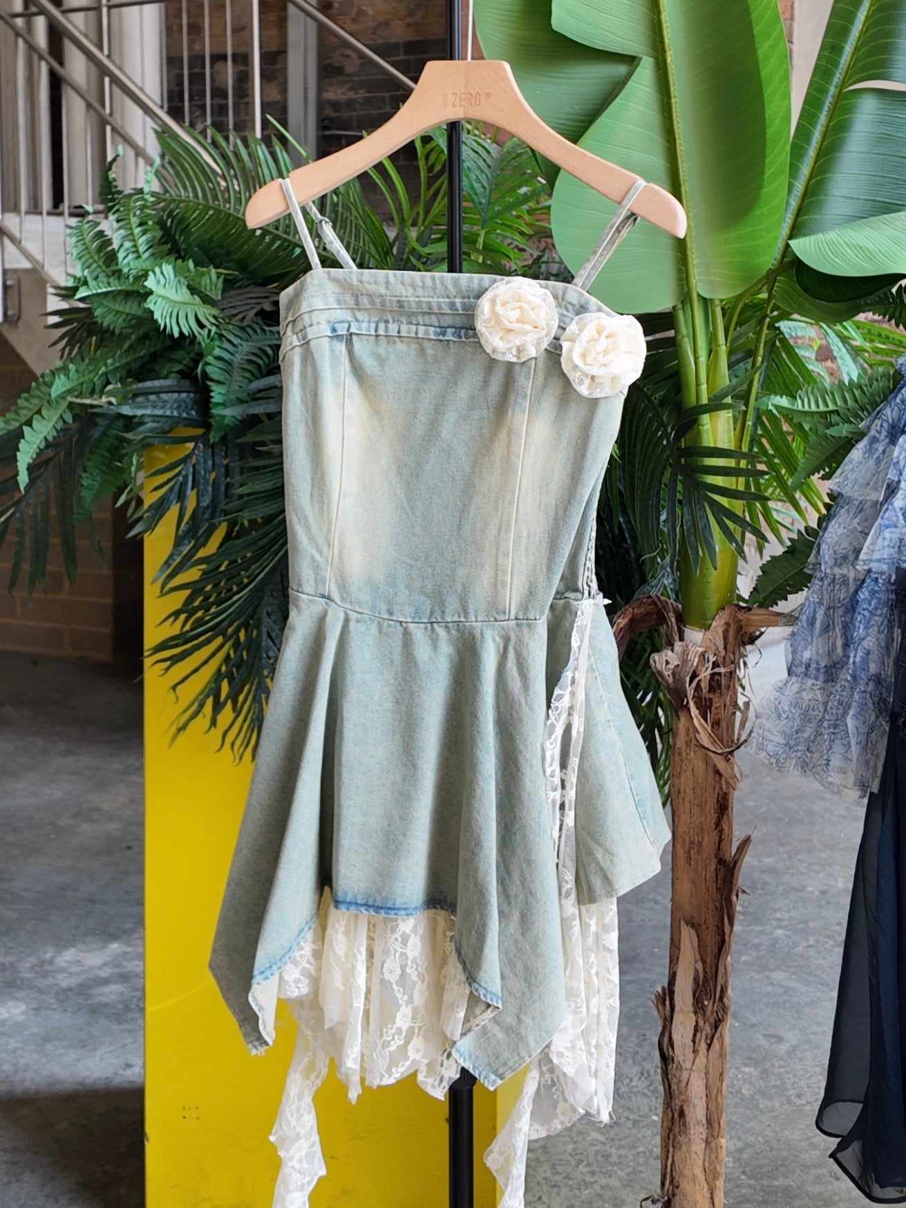 Lace-Trim Denim Dress in Washed Blue