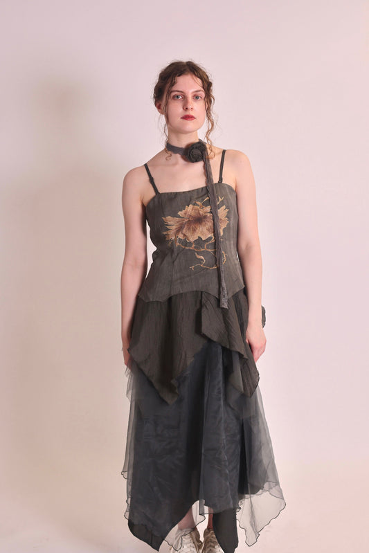 Layered Organza Corset Top in Charcoal
